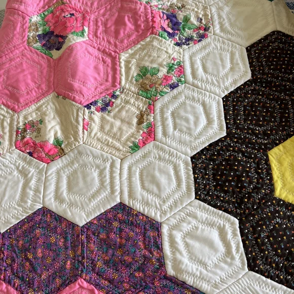 MCM Vintage Colorful Handmade Quilt Octagon Mixed Material 60x94 Flower